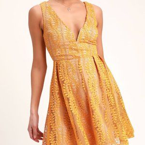 Lulu's All of My Heart Mustard Yellow Lace Skater Dress